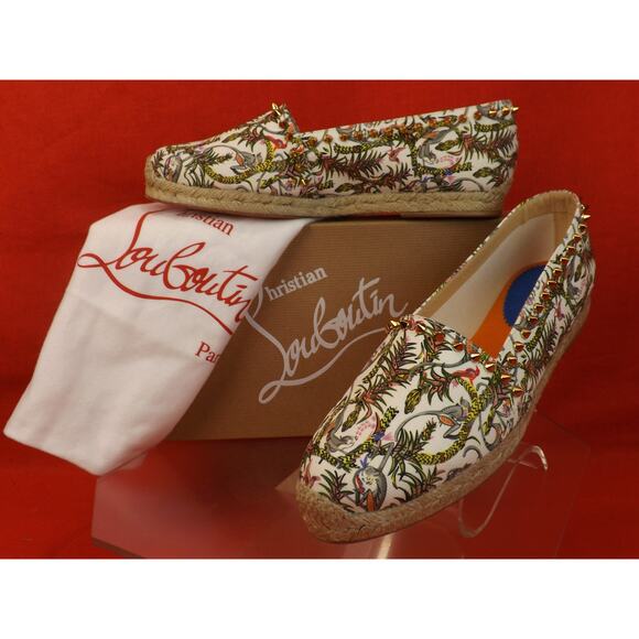 NIB LOUBOUTIN IVORY ARES CANVAS GOLD TONE STUDS SPIKES ESPADRILLES FLATS 39 - Picture 3 of 12